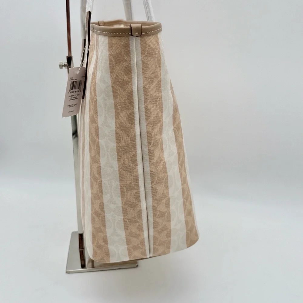 Coach Large City Tote Bag In Signature Canvas With Stripe Silver Sand Tan